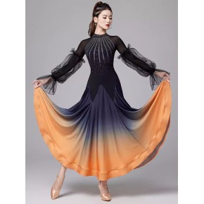 Blue white orange gradient competition ballroom dance dresses for women girls waltz tango foxtrot smooth dance dress practice long gown